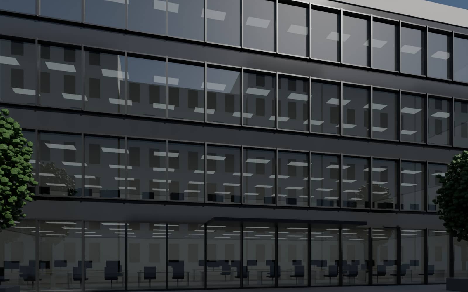 Façade vitrée de bureaux équipée d'un film de contrôle solaire réfléchissant